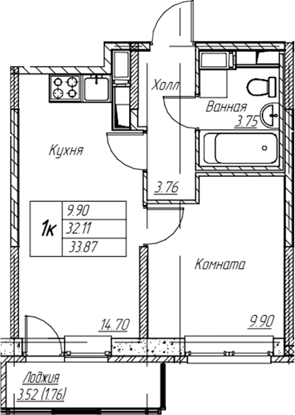 1-комнатная квартира 33.87 м², 4/22 эт., ЖК «Парк-квартал Юнтолово»